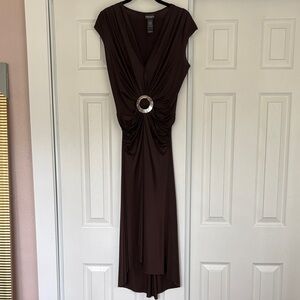 Bisou Bisou Brown Ruched V-Neck Evening Dress with Decorative Ring